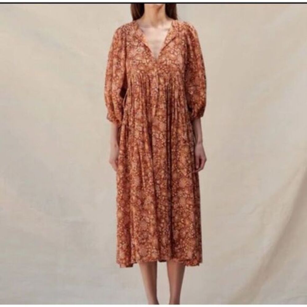NWT Sundry Dress Midi Maxi Brown Orange Floral V-Neck Oversized Boho 0 XS Puff